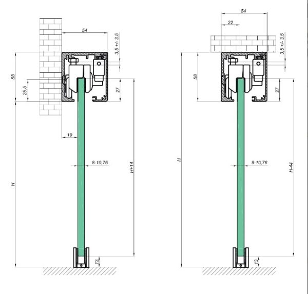 Kit sistem 1 UȘĂ de glisare , max. 80 kg, sticlă 8-10 mm, min. lățime ușă 700 mm, Glass clamping assembly Cu amortizare pneumatică pe ambele părți, finisaj satin - imagine 2