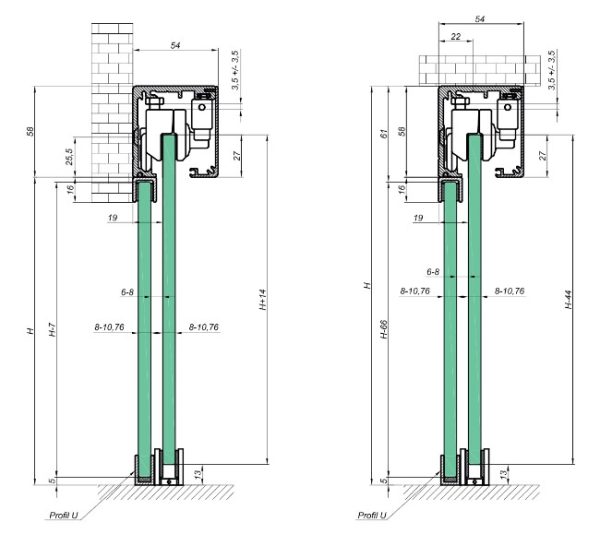 Kit sistem 1 UȘĂ de glisare , max. 80 kg, sticlă 8-10 mm, min. lățime ușă 700 mm, Glass clamping assembly Cu amortizare pneumatică pe ambele părți, finisaj satin - imagine 3